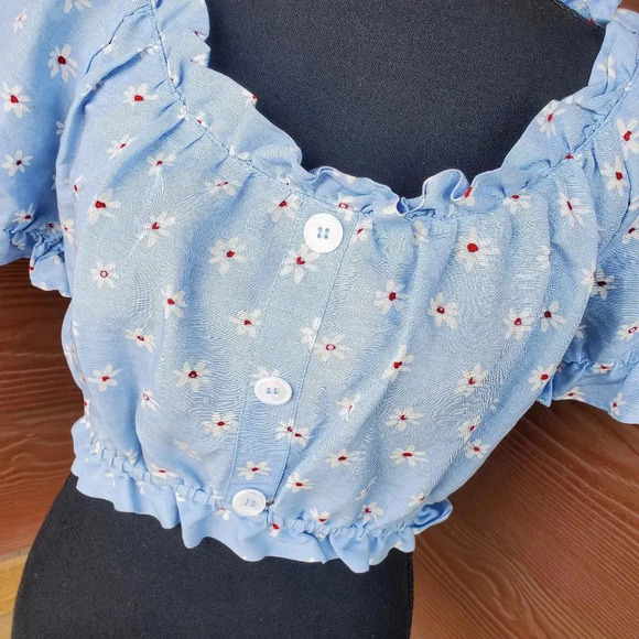 ZARA Summer Linen Blend Floral Blouse Blue Size Small NWOT - Picture 7 of 13